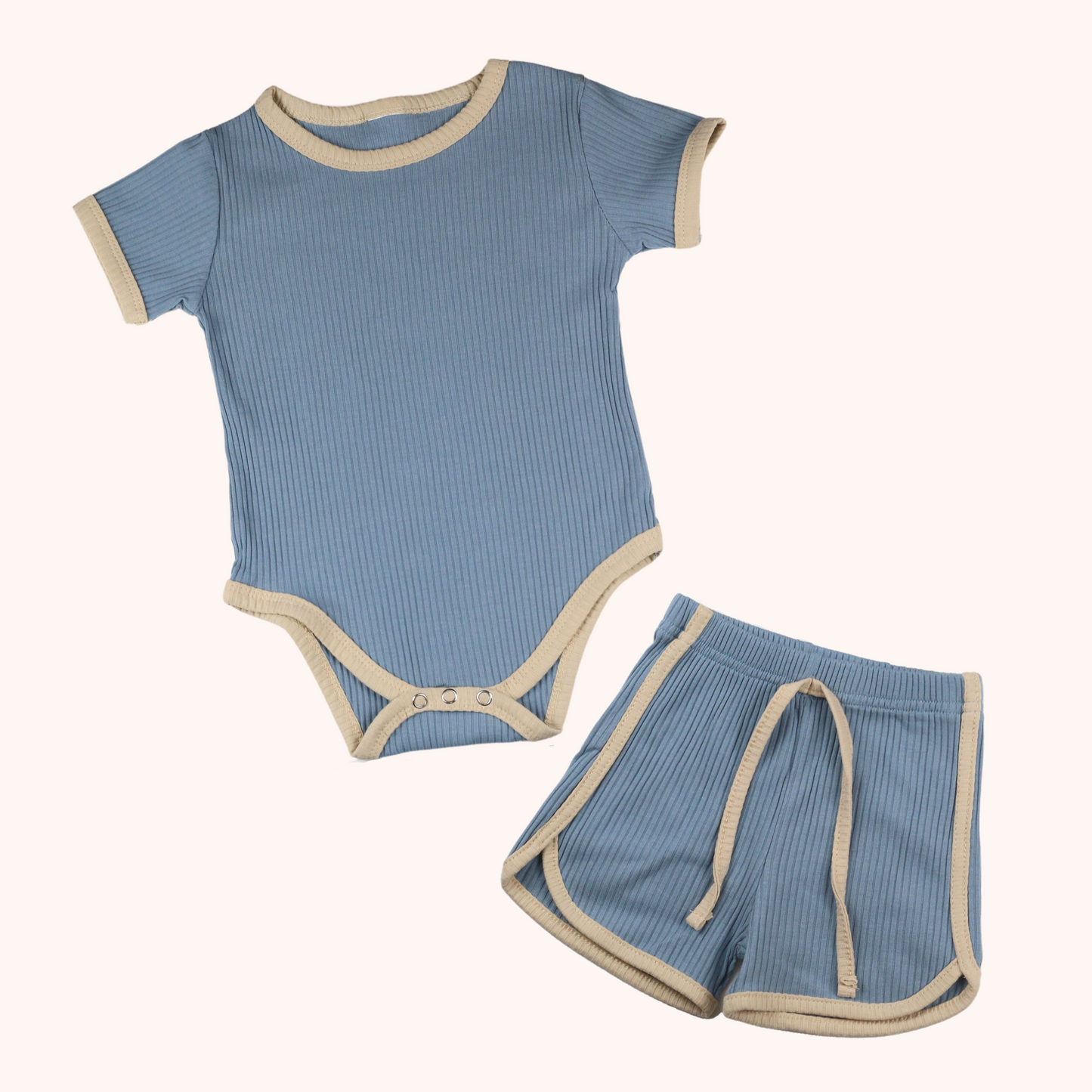 Ribbed Short-Sleeve Contrast Bodysuit & Shorts Set