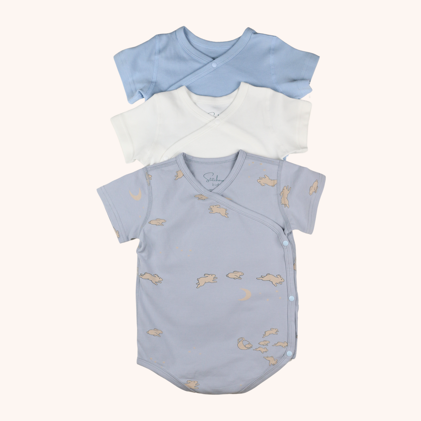 3-Pack Short-Sleeve Side-Snap Bodysuit (Blue Bunny)