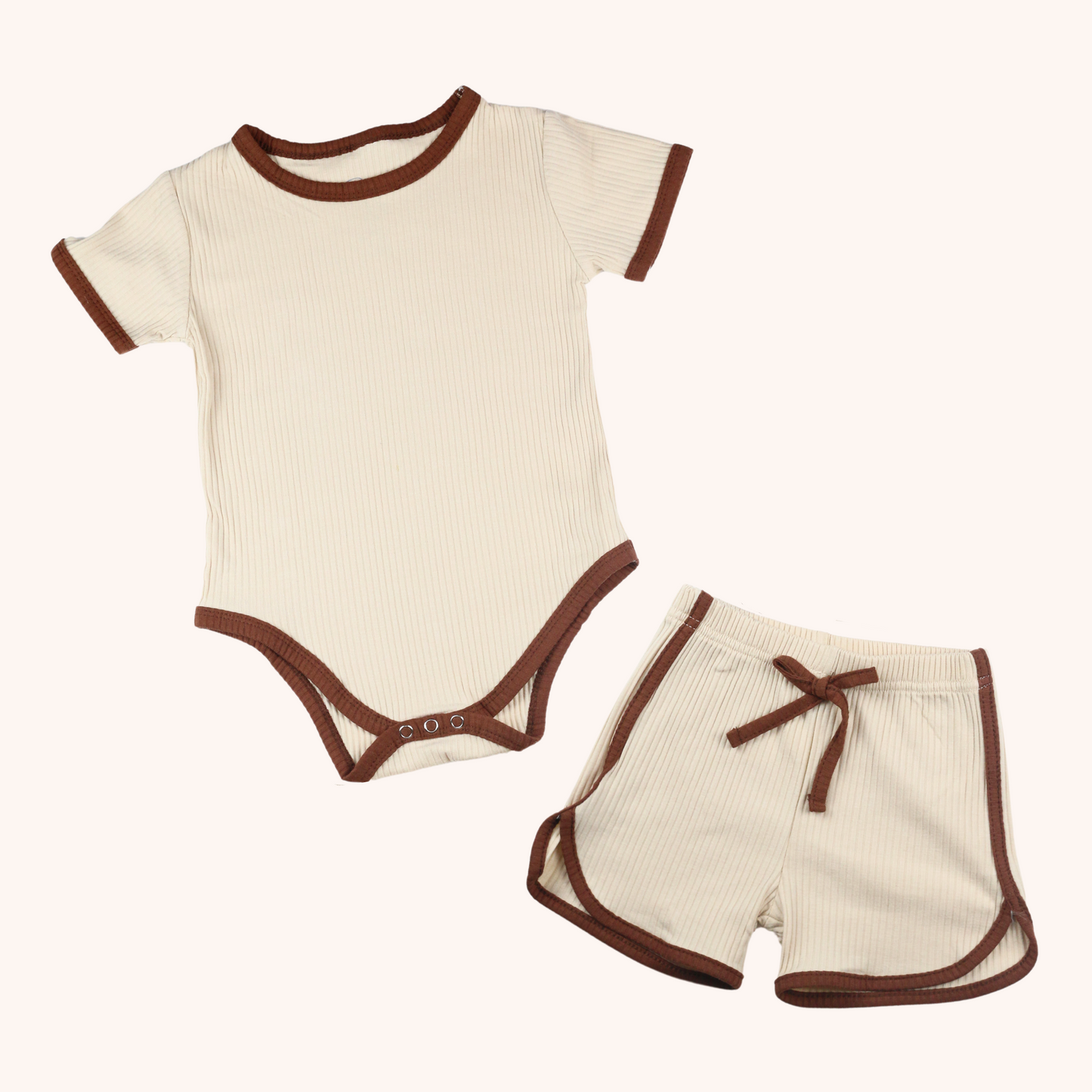 Ribbed Short-Sleeve Contrast Bodysuit & Shorts Set