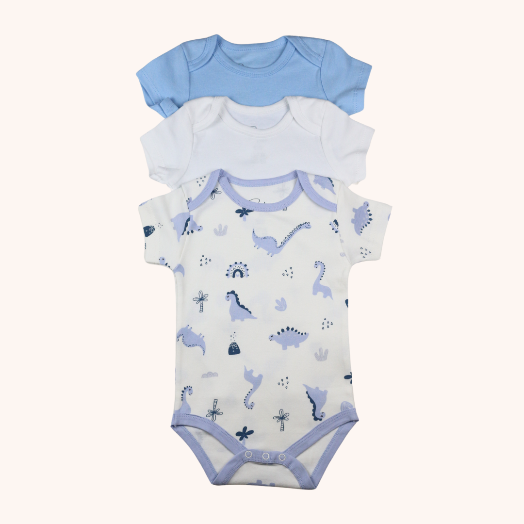 3-Pack Basic Short-Sleeve Bodysuit (Blue Dino)