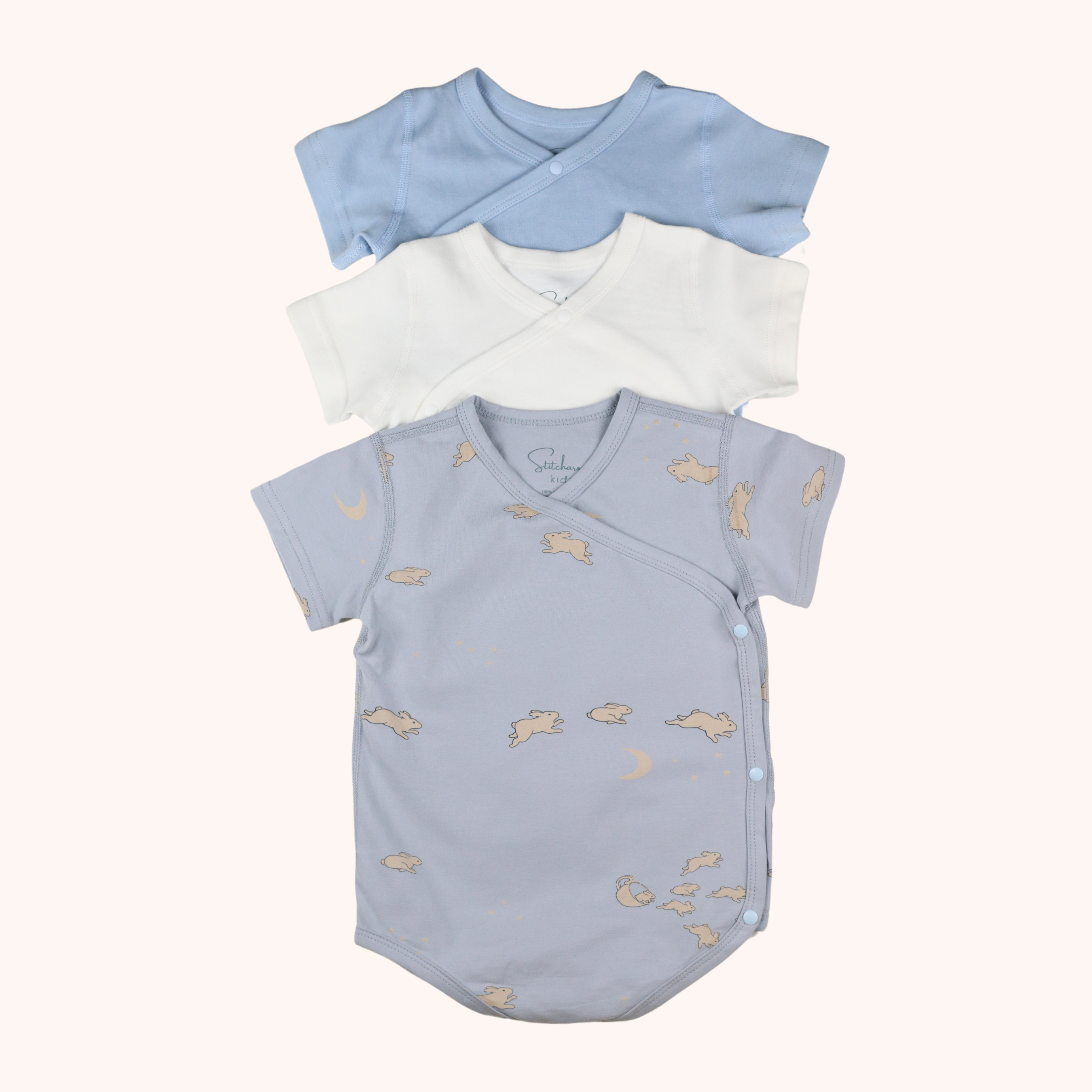 3-Pack Short-Sleeve Side-Snap Bodysuit (Blue Bunny)